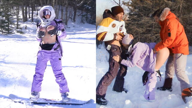 Nena tetona se folla a dos tíos al aire libre en la nieve durante sus vacaciones de esquí